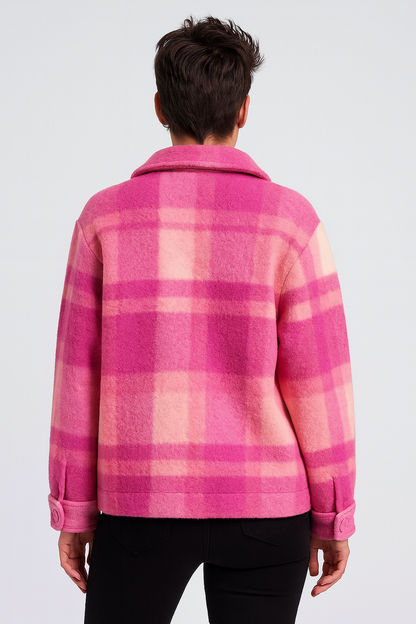 Karierte Kurzjacke in Pink – Weiche Fleece-Optik, Oversized Fit