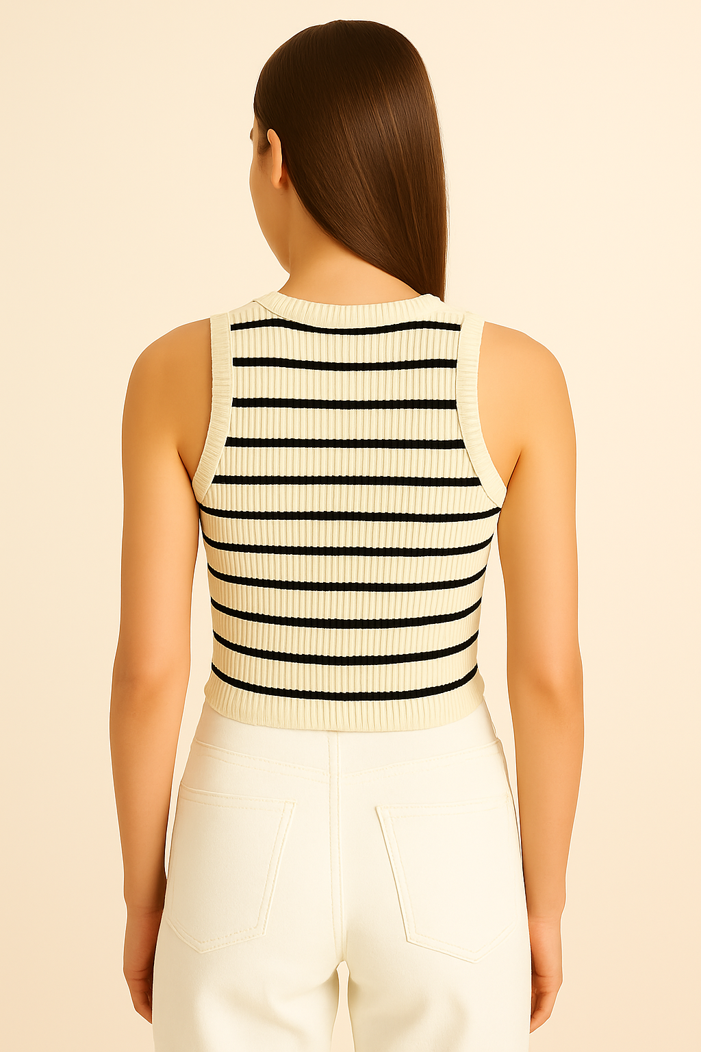 Rippstrick Tanktop gestreift bauchfrei in Creme-Schwarz