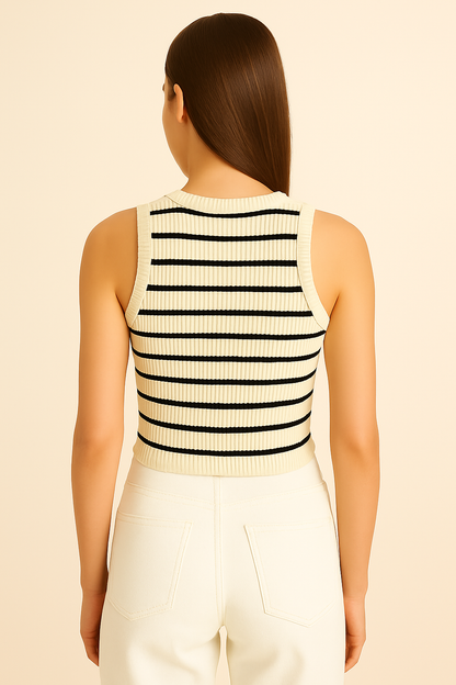 Rippstrick Tanktop gestreift bauchfrei in Creme-Schwarz